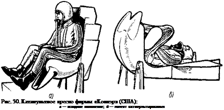 Подпись: Рис. 30. Катапультное кресло фирмы «Конвэр» (США): а — исходное положение; б — момент катапультирования 