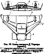 Подпись: Рис. 59. Схема аппарата Д. Уорнера (проект). / — маршевые двигатели, 2 — основное несущее крыло: 3 — стабилизирующие и управляющие поверхности: 4— носовое крыло; 5 — корпус; 6 — поддувпые двигатели. 
