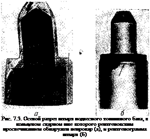 Подпись: Рис. 7.3. Осевой разрез штыря подвесного топливного бака, в кольцевом сварном шве которого рентгеновским просвечиванием обнаружен непровар (а), и рентгенограмма штыря (б) 