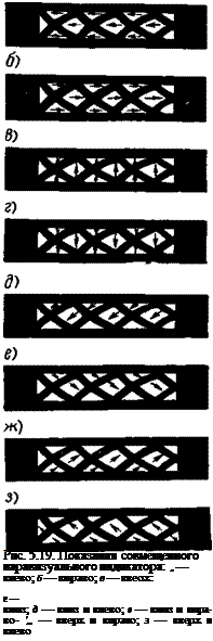 Подпись: Рис. 5.19. Показания совмещенного паравизуального индикатора: а — влево; б — вправо; в — ввеох: г — вниз; д — вниз и влево; е — вниз и вправо- 'ж — вверх и вправо; з — вверх и влево 