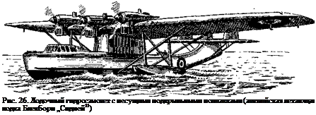 Подпись: Рис. 26. Лодочный гидросамолет с несущими подкрыльными поплавками (английская летающая лодка Блекборн „Сидней11) 