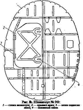Подпись: Рис. lb. Шпангоут № 9Ф: 1 — стенка шпангоута; 2 — крышка люка; 3 — петля подвески люка; 4 — нажимный замок 