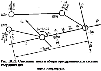Подпись: Рис. 10.23. Счисление пути в общей ортодромической системе координат для одного маршрута 